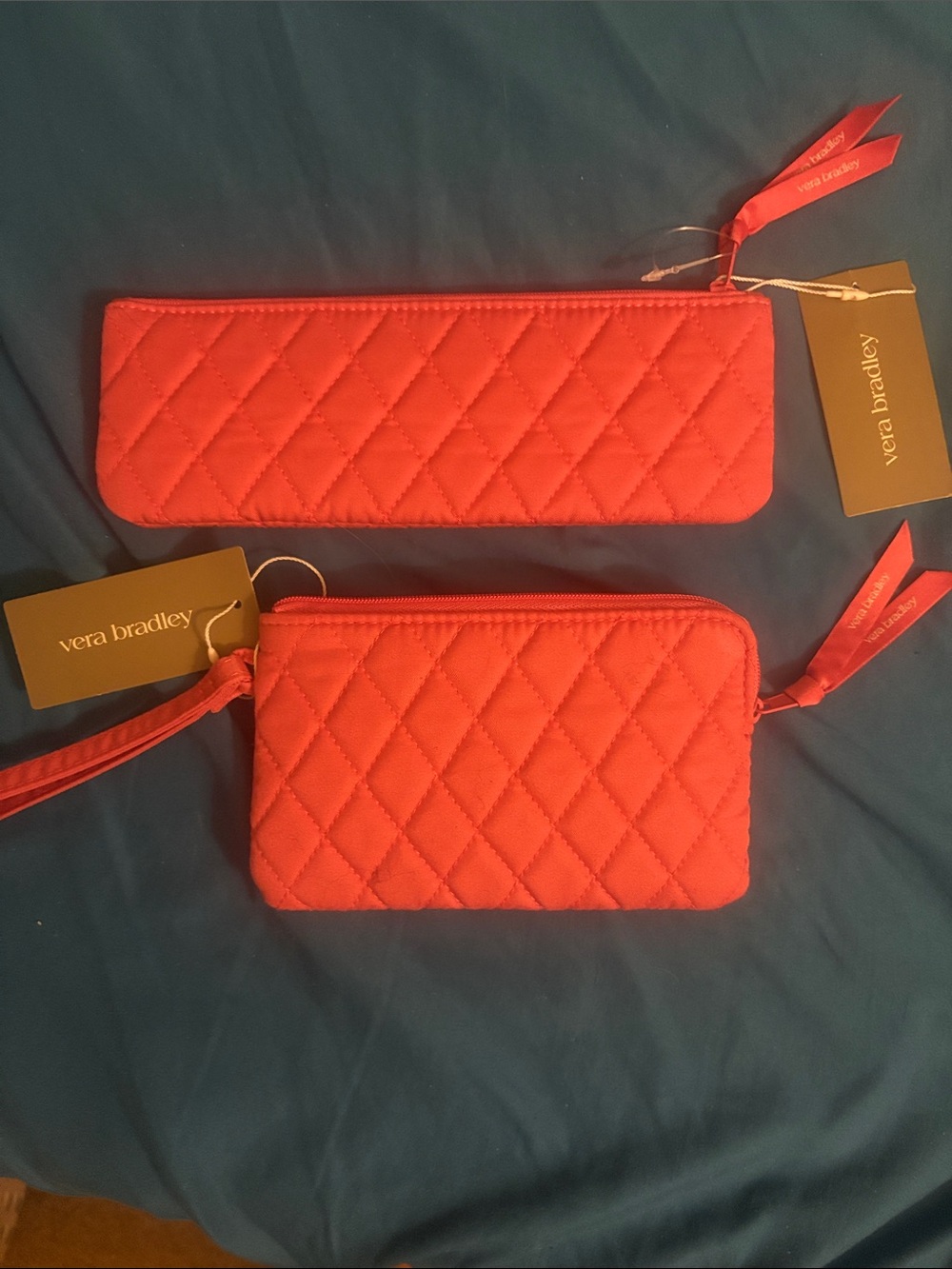 Vera Bradley Quilted Coral-Red Wristlet and Slim makeup or pensil Case Set